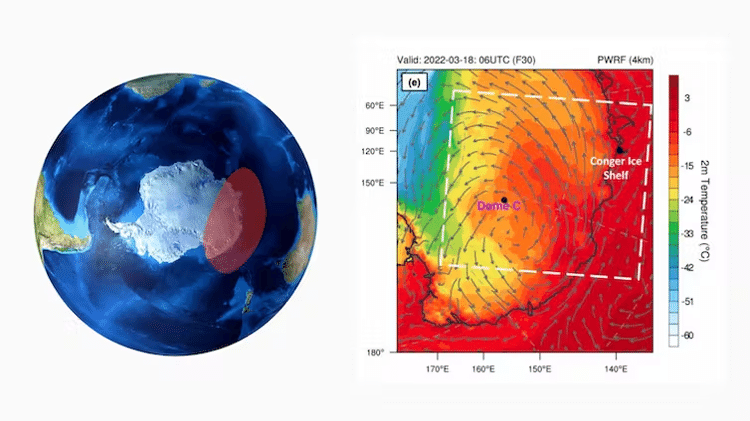 A localização e a extensão da onda de calor na Antártica em março de 2022