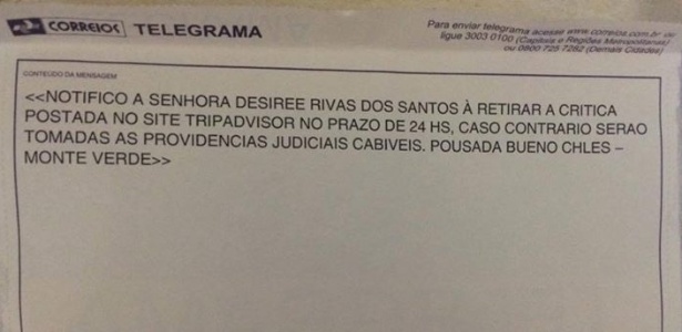 Telegrama enviado pelo hotel Bueno Chalés para a estudante Desirée Rivas  - Reprodução/Facebook.com/desiree.rivas.16503