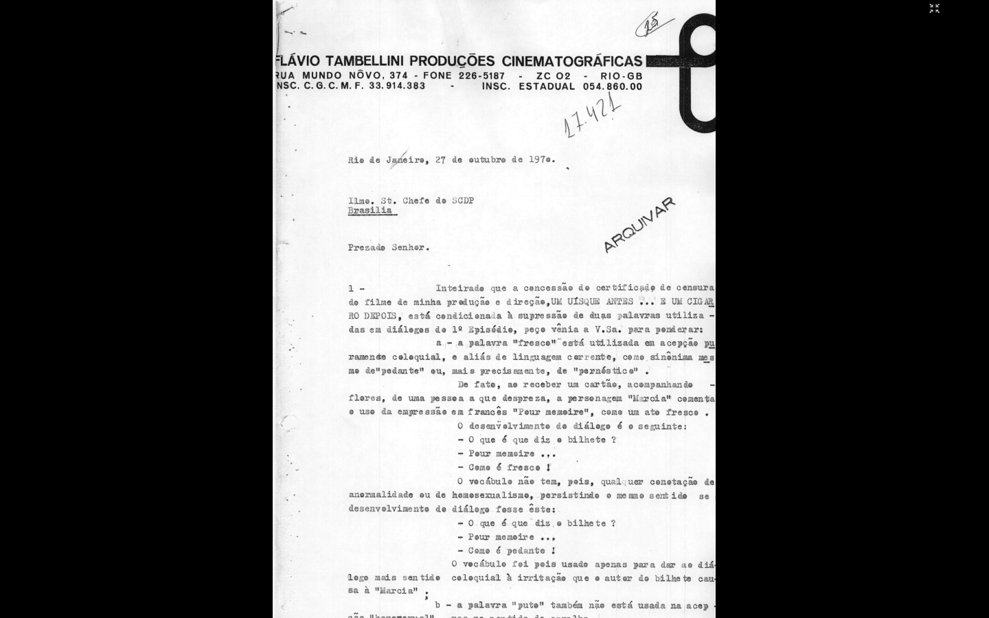 Carta anexa ao processo de "Um Uísque Antes... um Cigarro Depois", na qual o produtor tenta negociar a liberação das palavras "puto" e "fresco", defendendo que elas não são usadas em um sentido homossexual - Reprodução