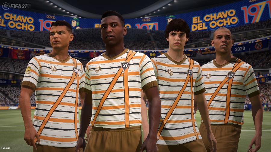 Thiago Silva, Pelé, Kaká e Ronaldo vestidos com o uniforme do Chaves, que pode ser obtido no game até 13 de dezembro - Divulgação/EA