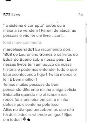 Serrado recomendou dois livros para um fã entender a situação atual do Brasil - reprodução/instagram/@marceloserrado1 - reprodução/instagram/@marceloserrado1