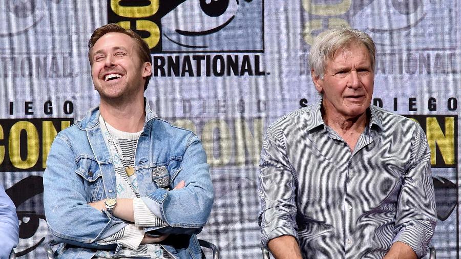 Ryan Gosling e Harrison Ford durante painel de "Blade Runner 2049" na Comic-Con 2017 - Kevin Winter/Getty Images/AFP