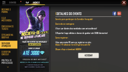 COMO GANHAR 1000 DIAMANTES NO SERVIDOR AVANÇADO DO FREE FIRE, COMO SE  CADASTRAR! NOVIDADES FREE FIRE 