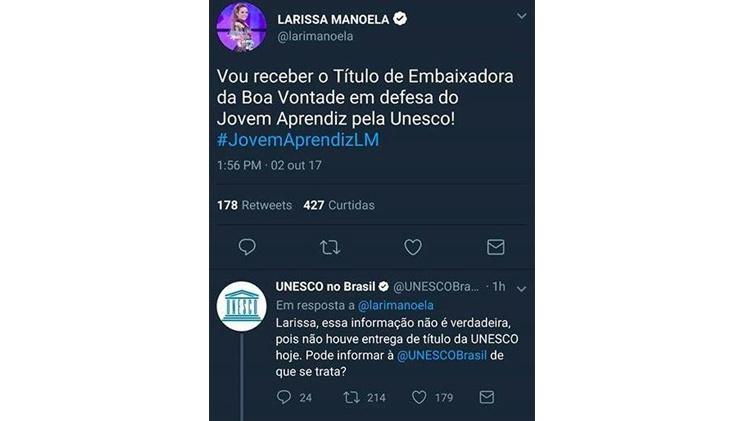 larissa manoela unesco - Reprodução/Twitter - Reprodução/Twitter
