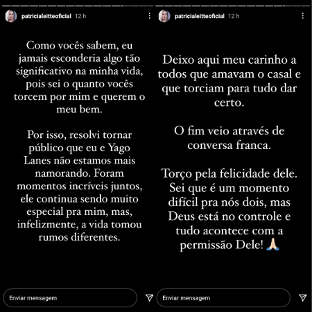 Stories de Patrícia Leitte sobre o término do seu relacionamento - Reprodução/Instagram - Reprodução/Instagram