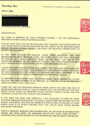 6.jul.2016 - TMZ divulga carta enviada por Roberto Escobar, irmão de Pablo Escobar, à Netflix - Reprodução/TMZ - Reprodução/TMZ