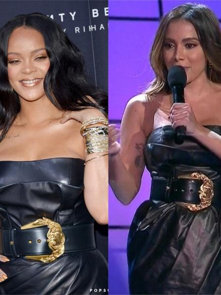 Rihanna com um Versace de couro que Anitta também usou em Prêmio Multishow - Colagem/UOL