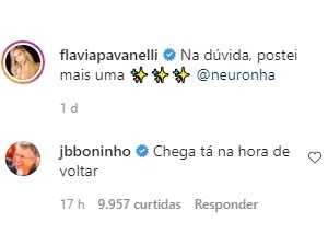 Comentário de Boninho para Flavia Pavanelli - Reprodução/Instagram - Reprodução/Instagram