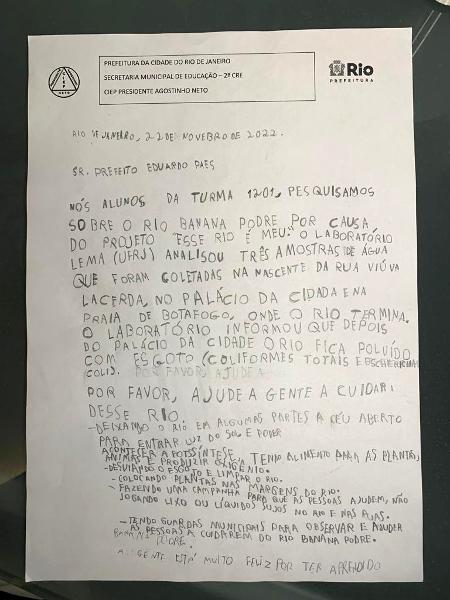 Em carta, alunos e alunas pedem a revitalização do rio Banana Podre (RJ) - Ciep Presidente Agostinho Neto