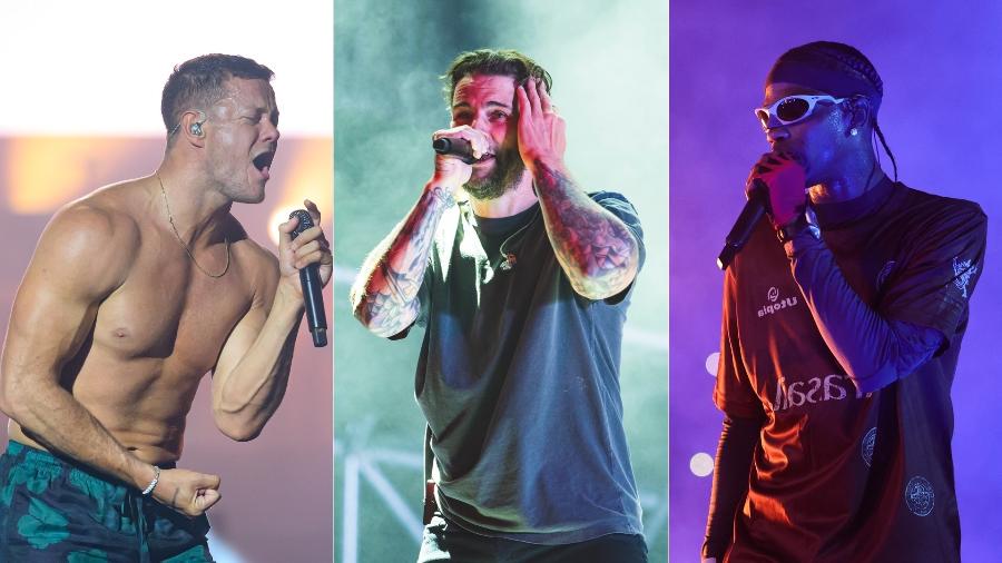 Dan Reynolds, do Imagine Dragons, M. Shadows, do Avenged Sevenfold, e Travis Scott, os headliners do 1º fim de semana de Rock in Rio - Shlomi Pinto/Getty Images, Mariano Regidor/Redferns e Andreas Rentz/Getty Images