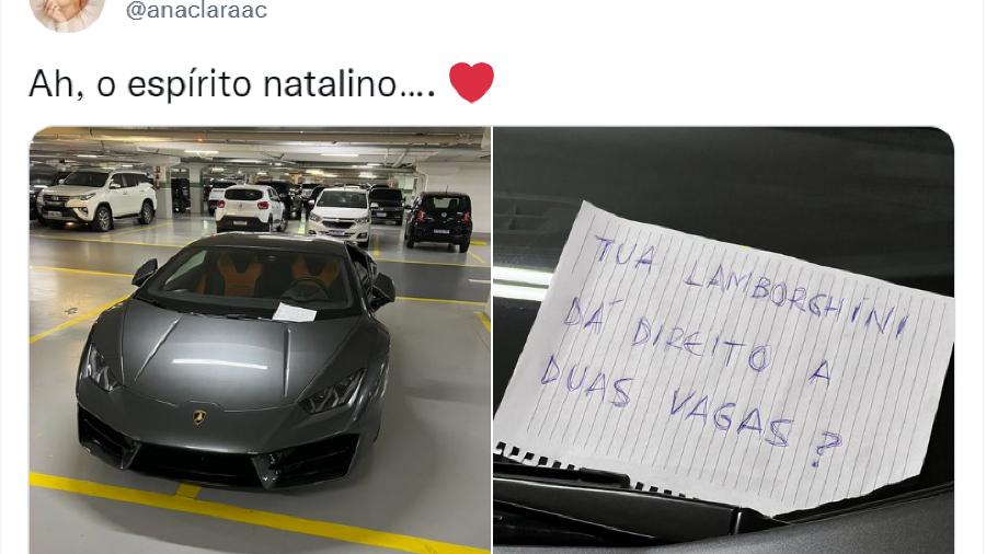 Lamborghini viralizou ao ser fotografato ocupando duas vagas de estacionamento no Rio de Janeiro - Reprodução / Twitter Ana Clara