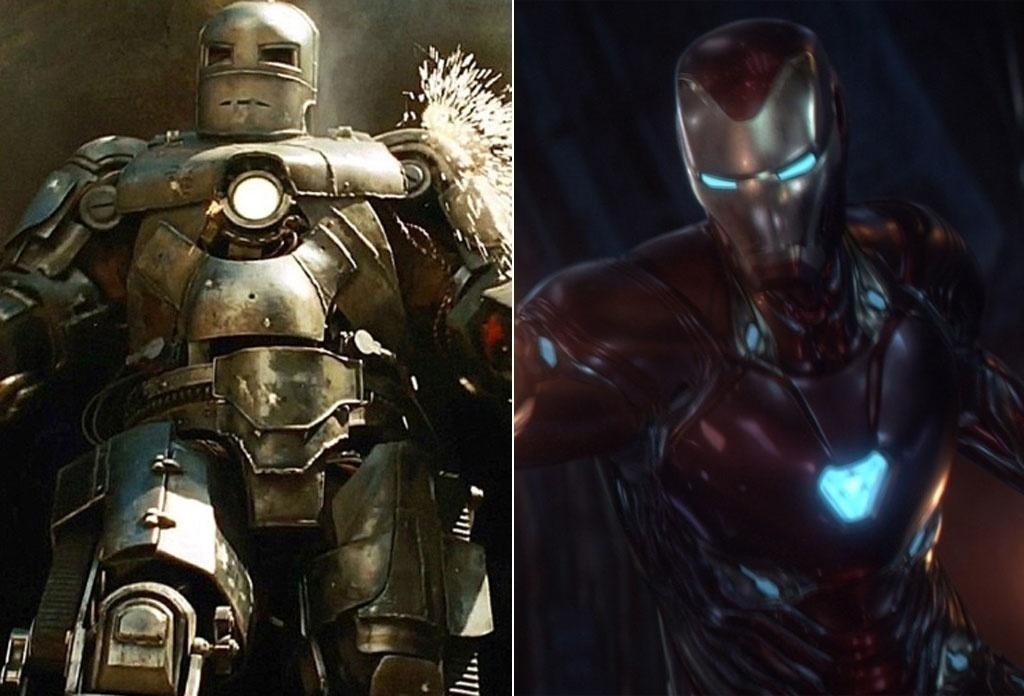 À esquerda, Robert Downey Jr. em "Homem de Ferro" (2008). À direita, Downey Jr. em "Vingadores: Guerra Infinita" (2018) - Divulgação