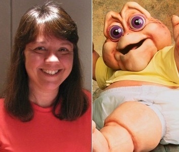 A dubladora Marisa Leal e seu trabalho mais famoso, Baby de "Família Dinossauros" - Montagem/Reprodução/Facebook