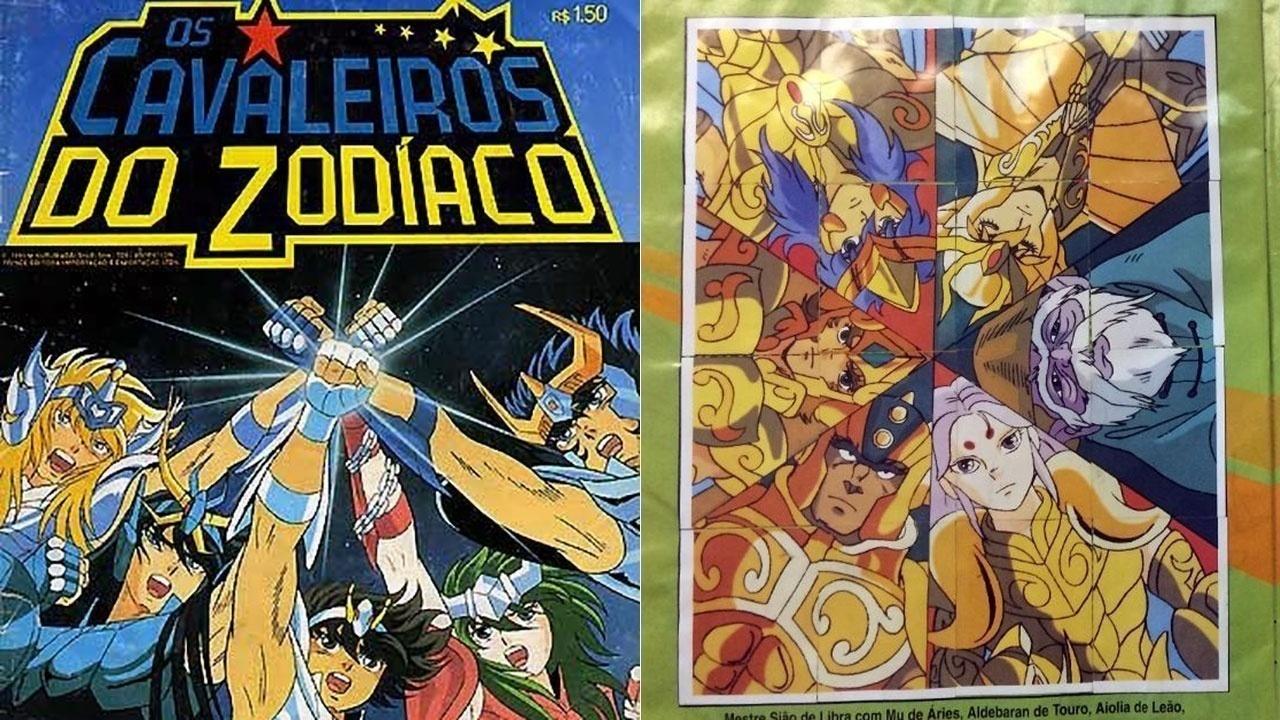 O álbum dos Cavaleiros do Zodíaco foi um sucesso de vendas nos anos 90 e pegou carona com a imensa audiência do animê no país. As figurinhas não eram autocolantes mas traziam cenas importantes da trama - Reprodução
