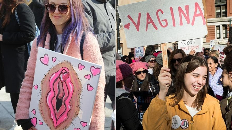 Imagens da Macha das Mulheres em Toronto (à esq.) e Nova York, em janeiro de 2018 - Getty Images