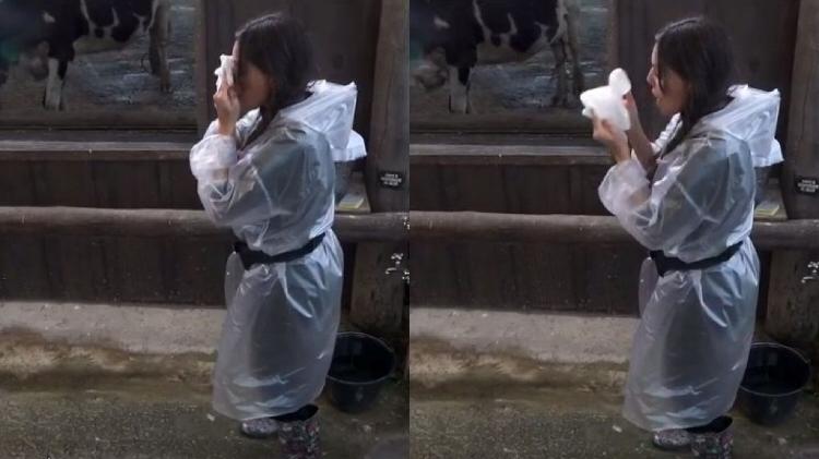 A Fazenda 2021: Liziane Gutierrez chora durante trato com a vaca - Reprodução/PlayPlus - Reprodução/PlayPlus