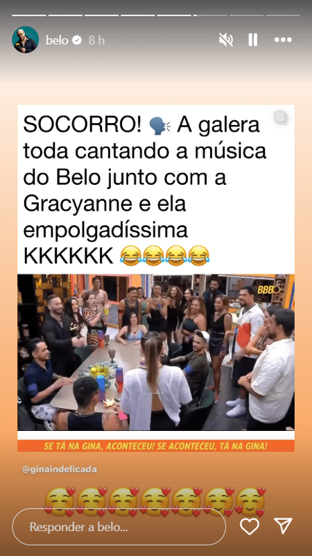 Belo reage a cena de Gracyanne cantando Derê com os participantes do BBB 25