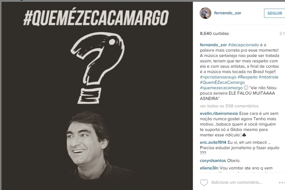 "A música sertaneja não pode ser tratada assim, teriam que ter mais respeito com ela e com seus artistas, afinal de contas é a música mais tocada no Brasil hoje", escreveu Fernando, da dupla com Sorocaba - Reprodução/Instagram/Fernando