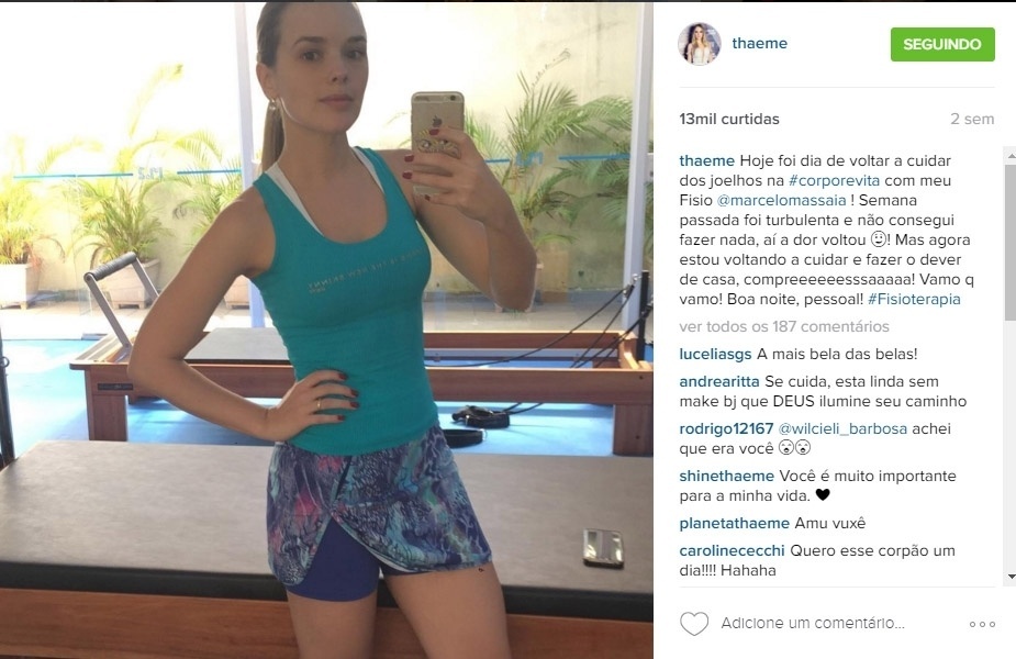 Para manter os 51 quilos, Thaeme que tem 1m62 cuida da alimentação e malha - Reprodução/Instagram