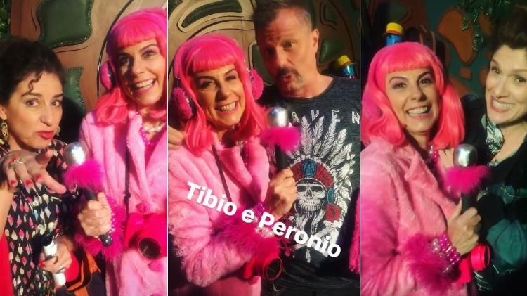 Ângela Dip, vestida de Penélope, entrevista Patrícia Gasppar (Caipora), Henrique Stroeter (Perônio) e Ciça Meirelles (Patativa) na abertura da exposição sobre "Castelo Rá-Tim-Bum" - Montagem/Reprodução/Instagram/angeladippe - Montagem/Reprodução/Instagram/angeladippe