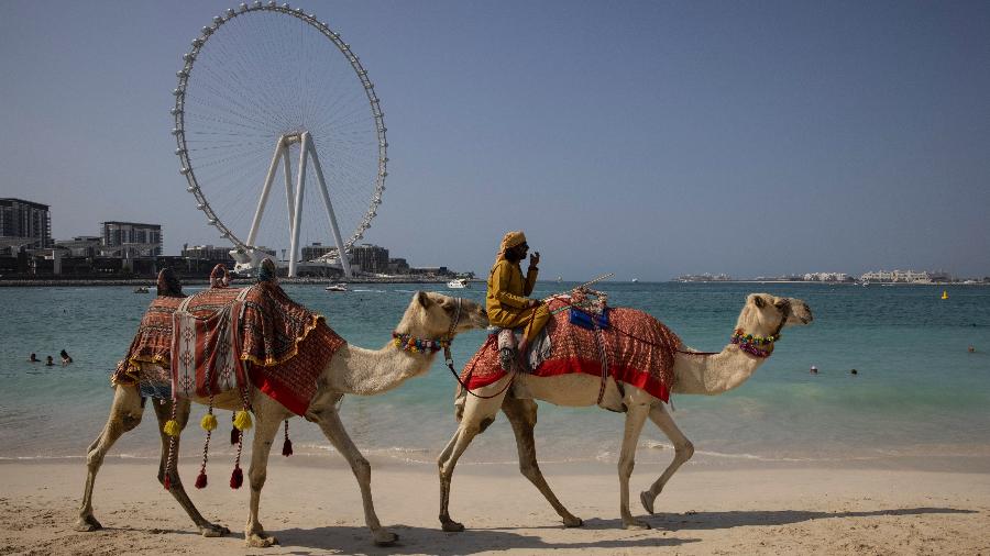 Passeio de camelo na orla de Dubai, uma das atrações muito procuradas pelos visitantes do emirado - Paula Bronstein/Getty Images
