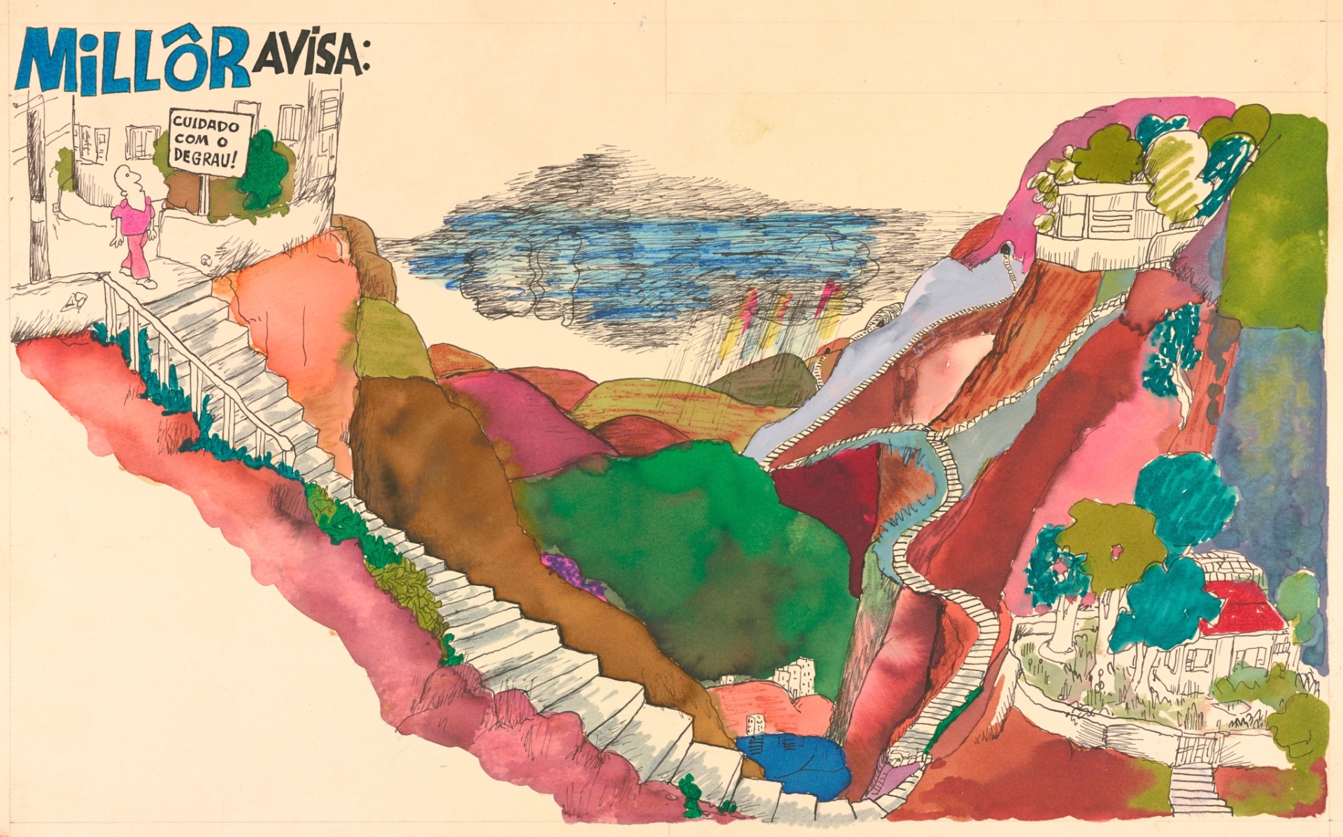 Desenho para publicação na revista "Veja", em 1974. Nanquim, crayon, aquarela e ecoline sobre cartão, 26,5 x 39 cm. A exposição "Millôr: obra gráfica" fica em cartaz de 17 de abril a 21 de agosto de 2016, no Instituto Moreira Salles (rua Marquês de São Vicente, 476, Gávea, Rio de Janeiro). A entrada é franca - Acervo Millôr Fernandes / Instituto Moreira Salles