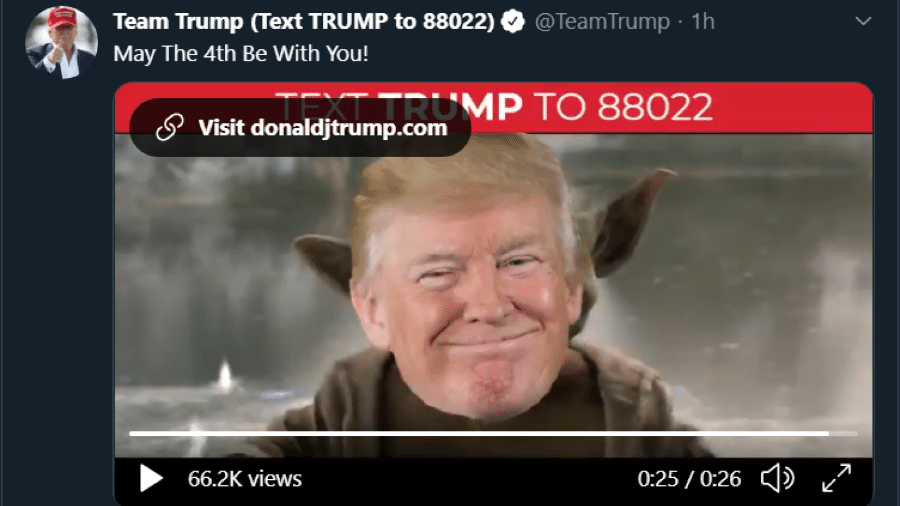 Equipe de Trump posta vídeo em que presidente vira Yoda, de "Star Wars" - Reprodução/Twitter
