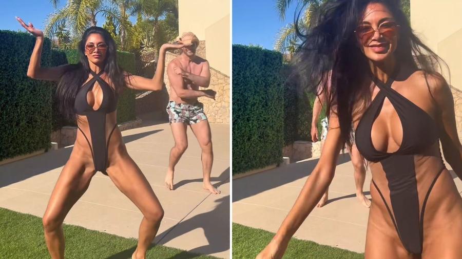 Nicole Scherzinger aposta em maiô cavado para dançar em dia ensolarado 