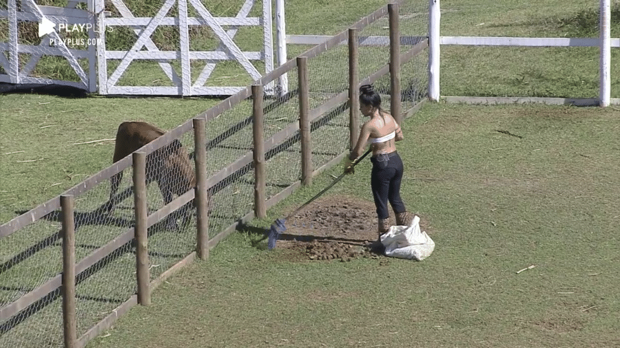 A Fazenda 2020: Mirella desabafa com a vaca enquanto limpa o pasto - Reprodução/RecordTV