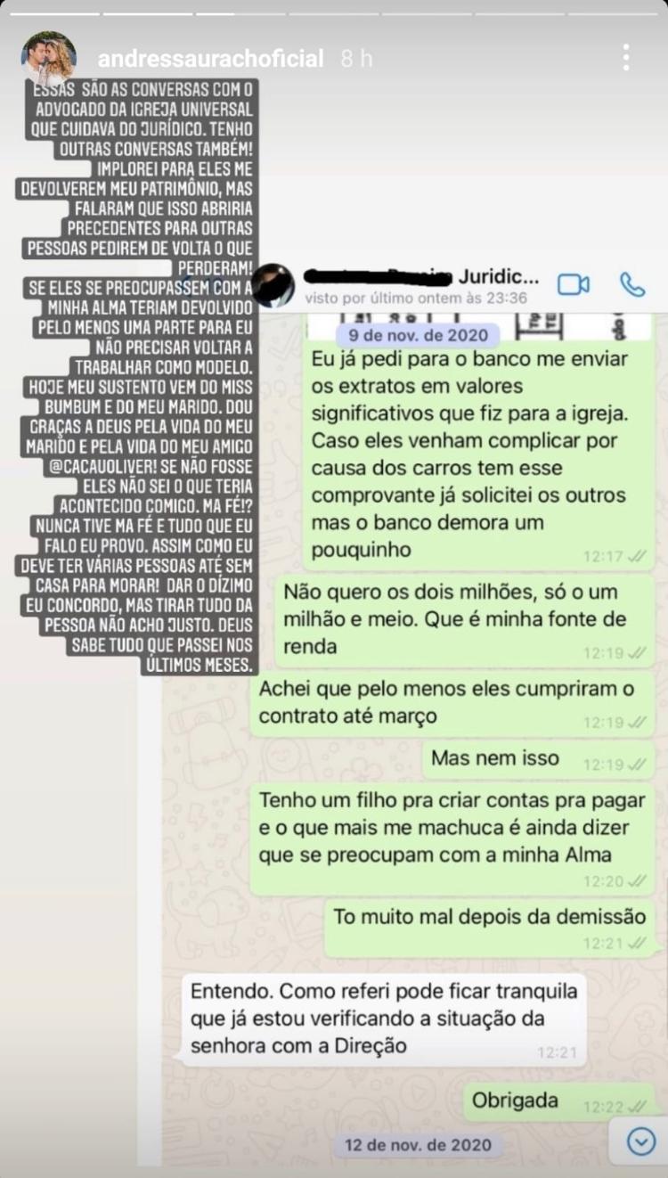 Conversa de Andressa Urach com o departamento jurídico da IURD - Reprodução/Instagram - Reprodução/Instagram