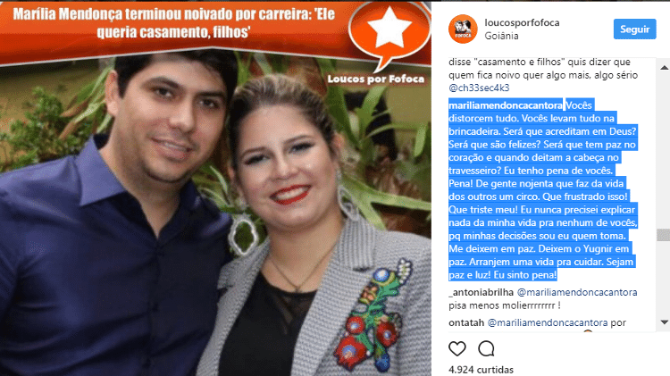 Marília Mendonça se irrita em post no Instagram e pede paz - Reprodução/Instagram/loucosporfofoca - Reprodução/Instagram/loucosporfofoca