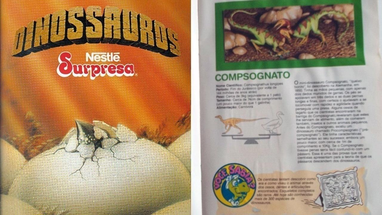 O álbum de figurinhas do Chocolate Surpresa dos Dinossauros foi um marco. Além de ser o chocolate favorito das crianças, ele ainda vinha com super imagens dos monstros pré-históricos e explicações bastante complexas sobre eles. - Reprodução