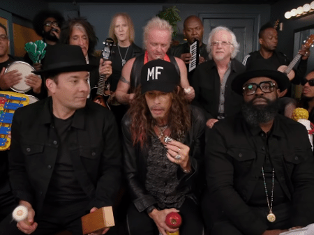 Jimmy Fallon e integrantes do Aerosmith e The Roots - Reprodução