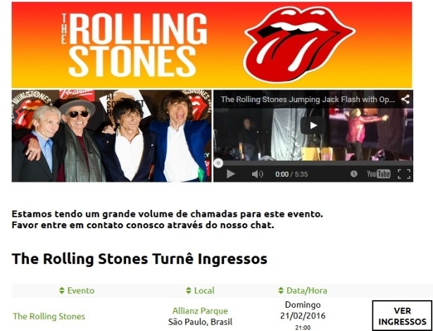 Imagem do site Tickets RJ, que vende supostos ingressos para shows dos Stones em SP - Reprodução