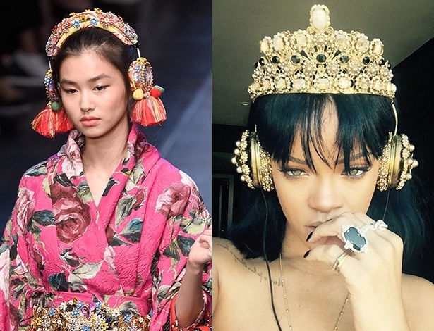 Modelo usa fone de ouvido no desfile de Dolce & Gabbana em março do ano passado e Rihanna posa com acessório da grife que custa R$ 40 mil - Getty Images/Reprodução/Instagram/@badgalriri