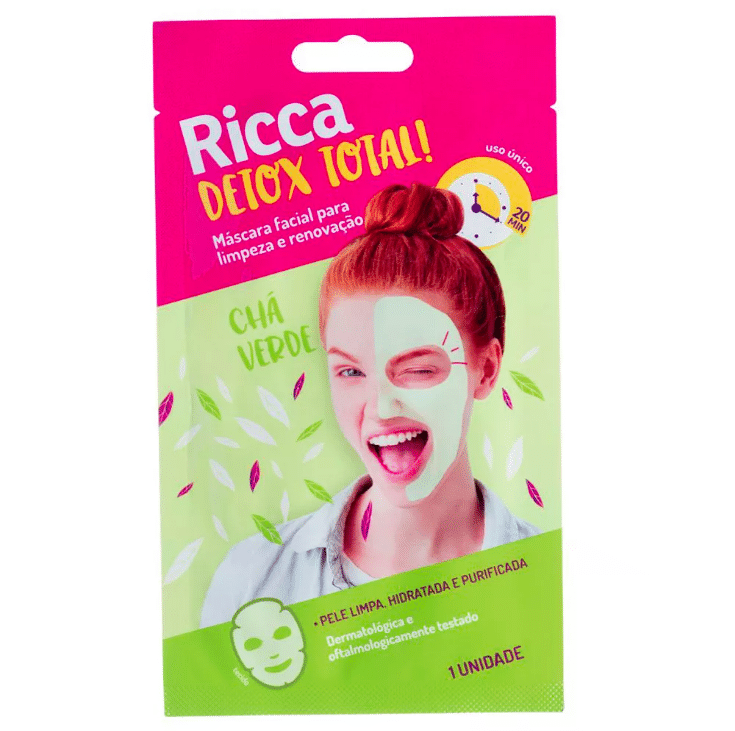 Máscara Facial Detox Total! Limpeza e Renovação Chá Verde, R$ 9,49, Ricca, www.perfumariaseiki.com.br - Divulgação
