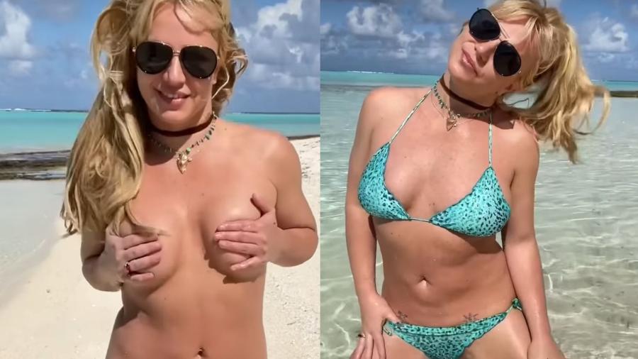 Sorridente, Britney Spears faz topless em praia ao lado do marido Sam Asghari - Reprodução/Instagram