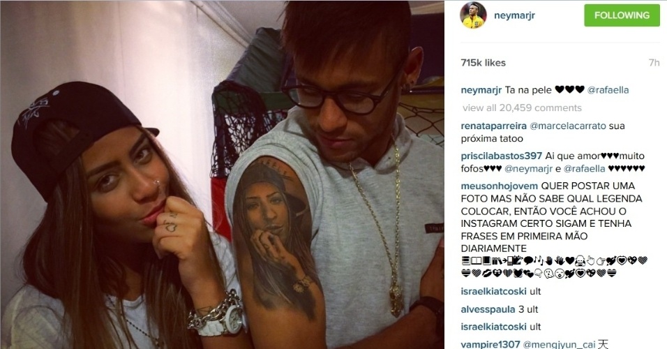 25.jun.2015 - De férias após ser suspenso da Copa América, Neymar exibiu, na madrugada desta quinta-feira (25), a tatuagem que tem no braço em homenagem à irmã, Rafaella Santos. "Está na pele?, escreveu o jogador no seu Instagram