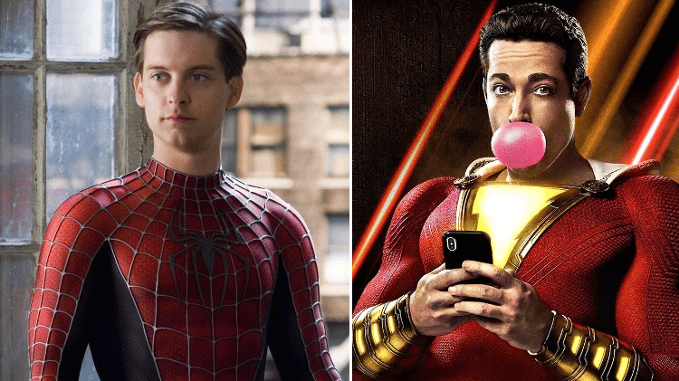Tobey Maguire em "Homem-Aranha" (2002) e Zachary Levi em "Shazam!" (2019) - Reprodução/Montagem - Reprodução/Montagem