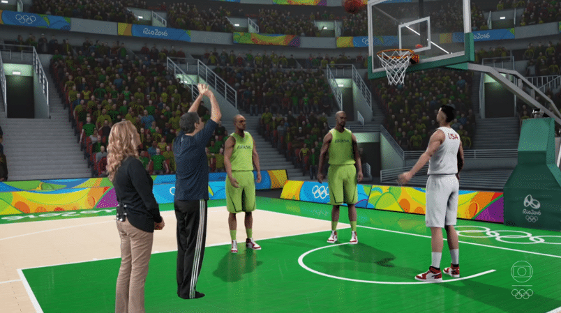 13.ago.2016 - Sem gravata, sem sapato e em clima de Jogos Olímpicos, William Bonner jogou basquete ao lado da ex-jogadora Hortência durante o "Balada Olímpica", na madrugada deste sábado (13) - Reprodução/TV Globo