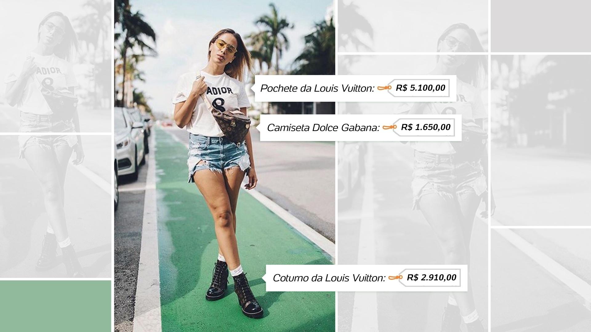 A pochete da Louis Vuitton, vendida por R$ 5.100,00, é uma peça bastante usada por Anitta em suas viagens no exterior - Reprodução/Instagram/Arte UOL