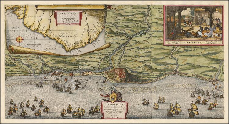 Mapa que celebra o domínio holandês sobre Olinda, em Pernambuco (1630) - Nicolaes Visscher/Barry Lawrence Ruderman Antique Maps - Nicolaes Visscher/Barry Lawrence Ruderman Antique Maps