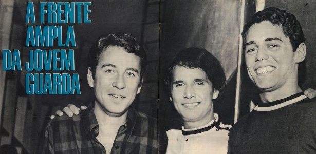 Foto de abertura da entrevista de Chico Buarque e Geraldo Vandré com Roberto Carlos, publicada em dezembro de 1966 na hoje extinta revista "Manchete" - Reprodução/Revista Manchete