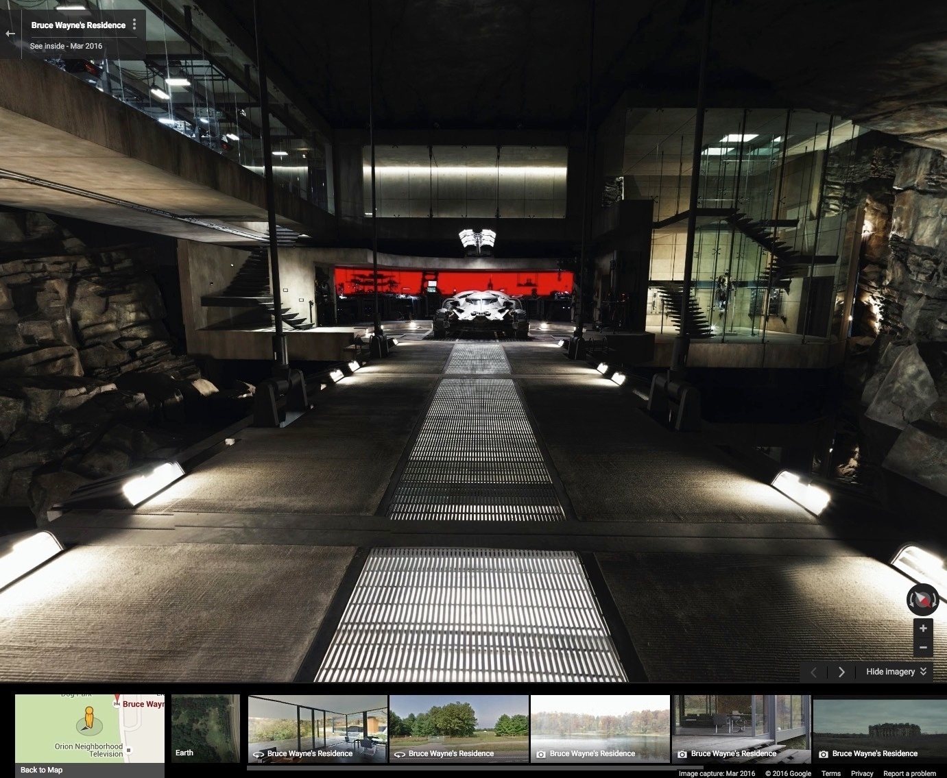 Google Street View permite visitar o cenário da Batcaverna no filme "Batman Vs Superman: A Origem da Justiça" - Reprodução/Google Street View