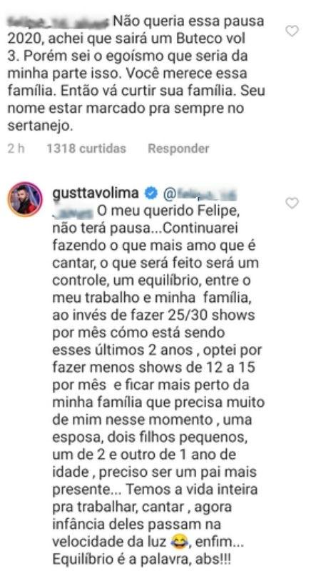 Gusttavo Lima responde a seguidor - Reprodução/Instagram