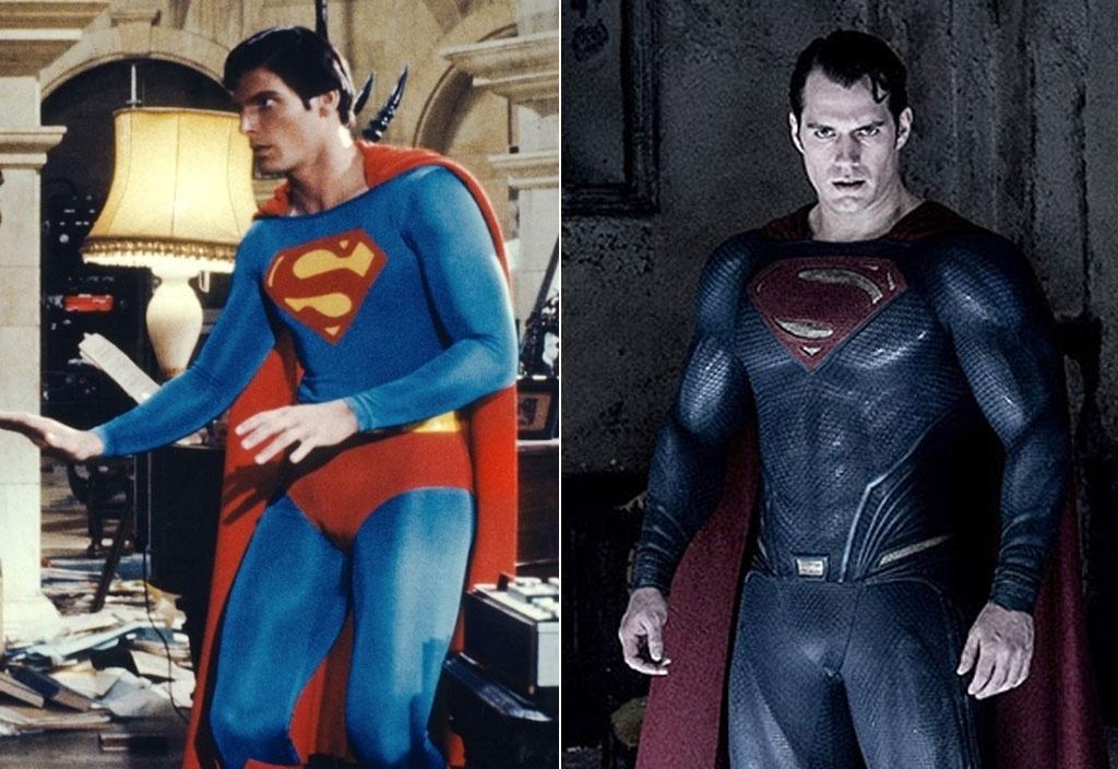 À esquerda, Christopher Reeve em cena em "Superman: O Filme" (1978). À direita, Henry Cavill em "Batman vs Superman: A Origem da Justiça" (2016) - Divulgação