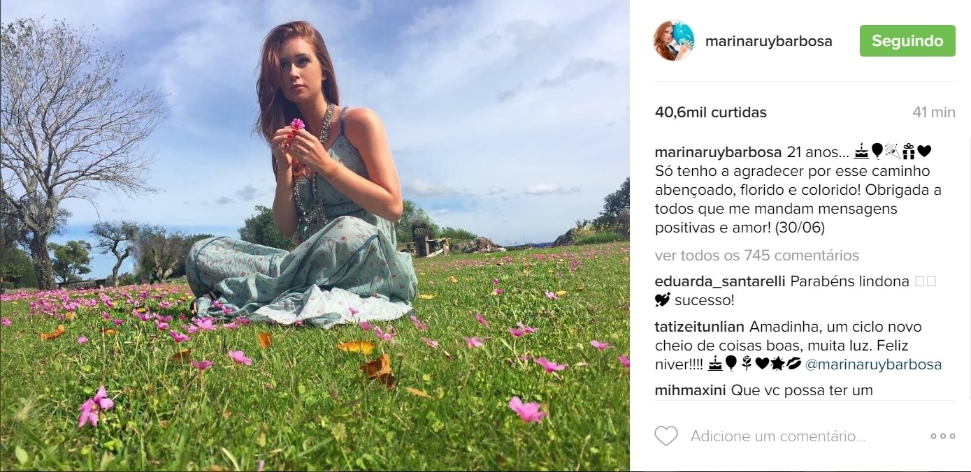 30.jun.2016 -  Aniversariante do dia, Mariana Ruy Barbosa usou seu perfil no Instagram para agradecer o carinho de seus seguidores. ?21 anos... Só tenho a agradecer por esse caminho abençoado, florido e colorido! Obrigada a todos que me mandam mensagens positivas e amor! ?Seja luz, o amor não habita na escuridão'", escreveu a atriz em seu perfil no Instagram - Reprodução /Instagram /marinaruybarbosa