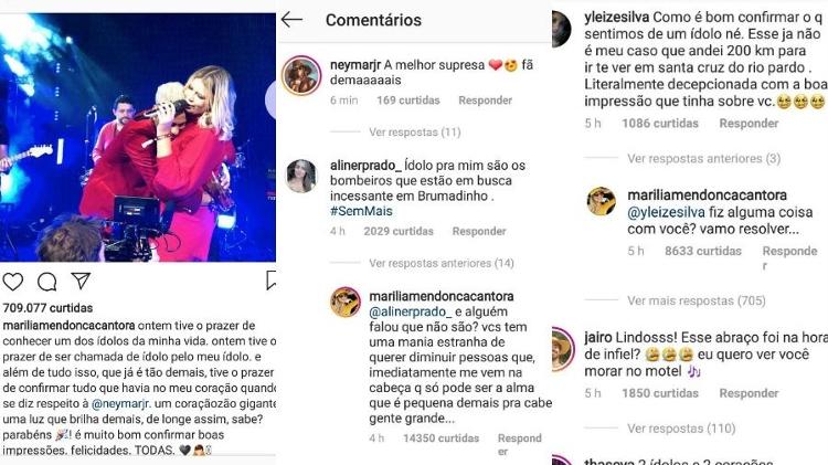 Marília Mendonça homenageia Neymar, que responde. Seguidora criticou a cantora ao chamar o craque de "ídolo" - Reprodução/Instagram - Reprodução/Instagram