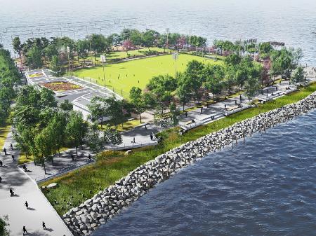 Área de esportes, pista para cães e mais: espaço público com areia em NY - James Corner Field Operations/Hudson River Park Trus