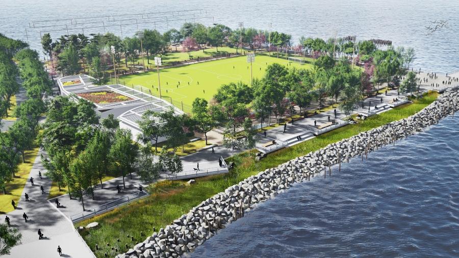 Área de esportes, pista para cães e mais: espaço público com areia em NY - James Corner Field Operations/Hudson River Park Trus